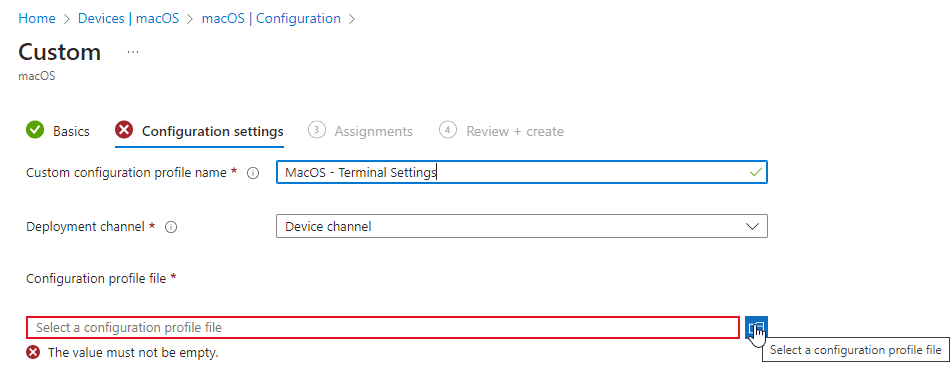 Configuring custom profile and selecting mobileconfig file